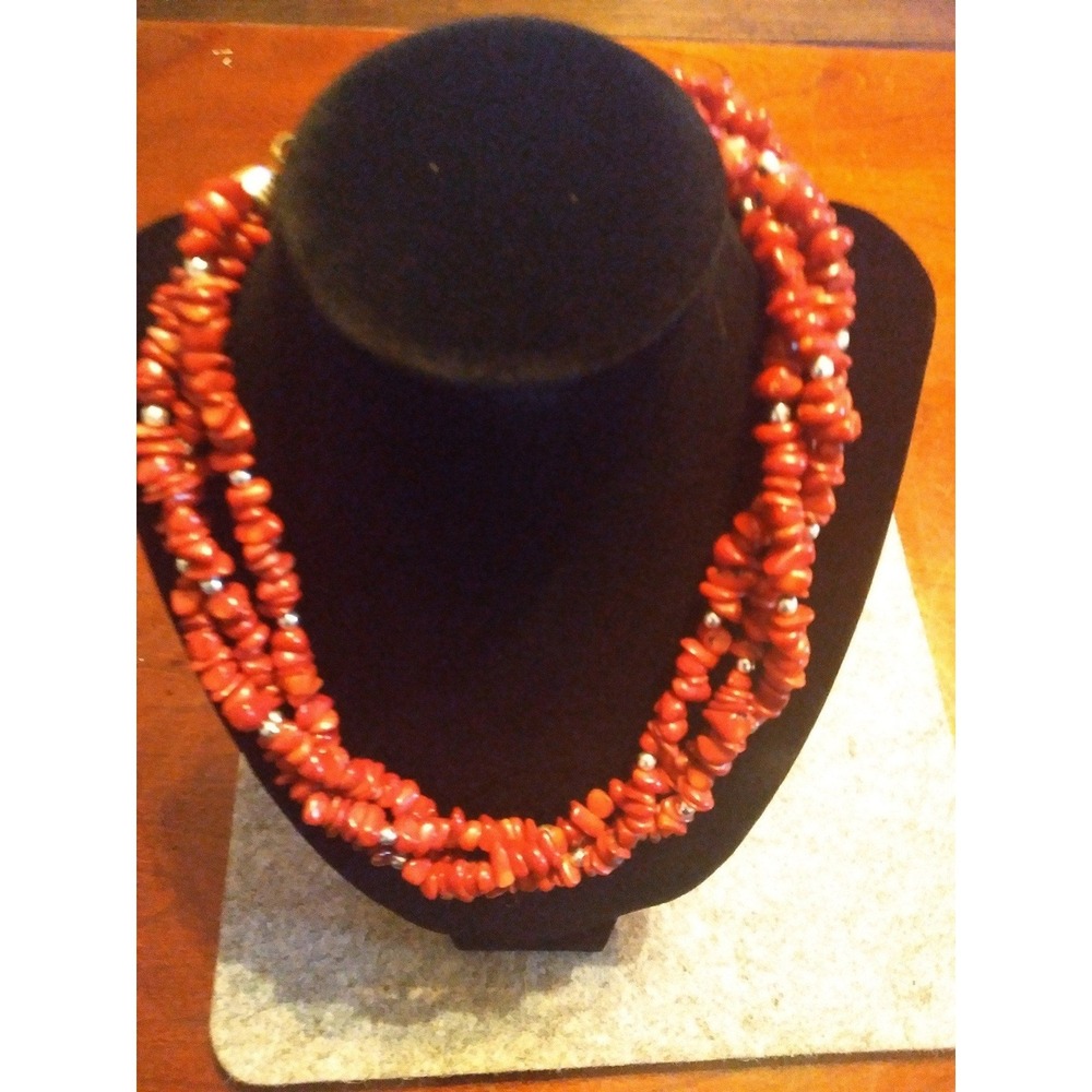 Red Coral Necklace Chip‎ Beads 3 Strand Statement Jewelry